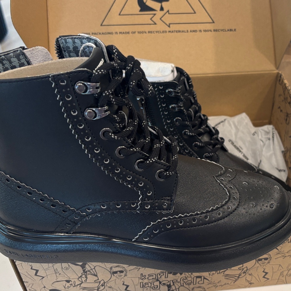 Karl Lagerfeld Black Brogue Lace-Up Boots